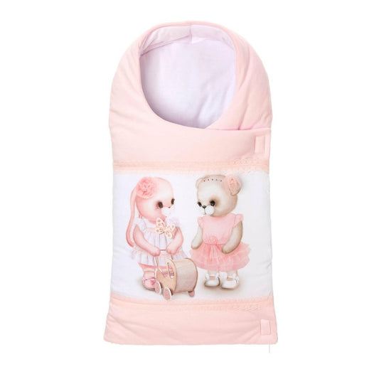 Babyhafen Einschlagdecke Steckkissen Rosa mit Bären- und Hasenmotiv