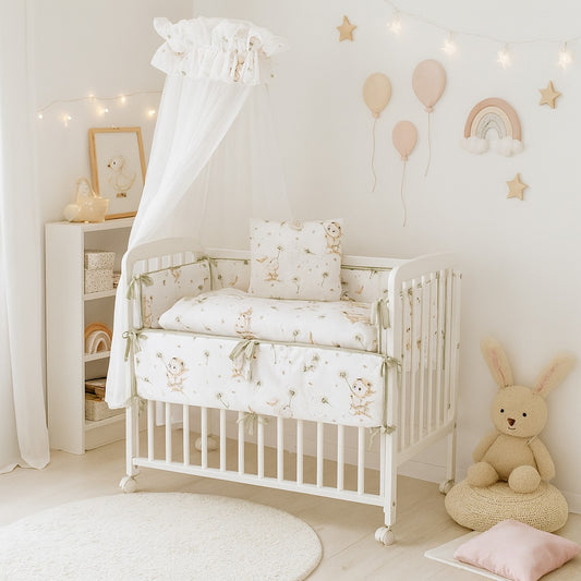 Weißes Beistellbett mit Himmel und Kätzchenmotiv – liebevolles Design von Babyhafen