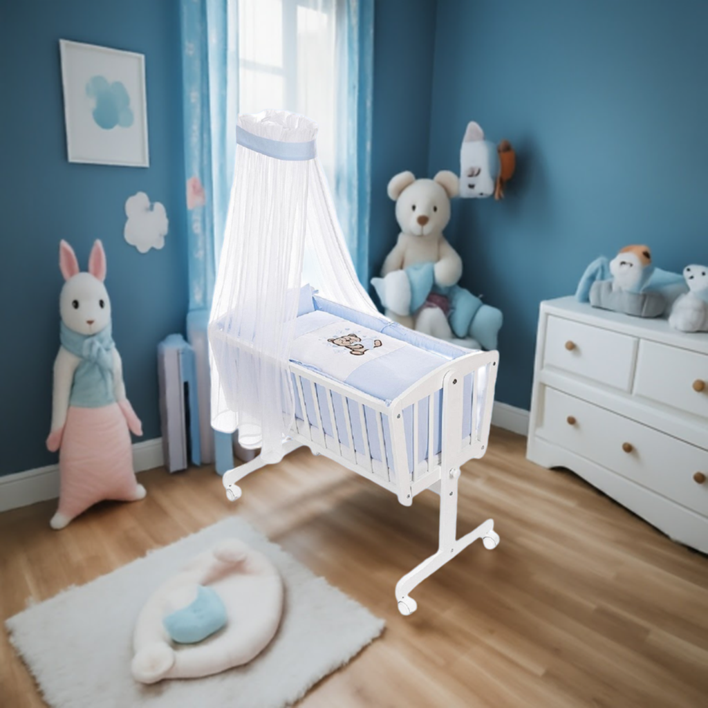 Wiegenset Teddy Blau (ohne Wiege) 6-tlg. Bestickt - babyhafen.de
