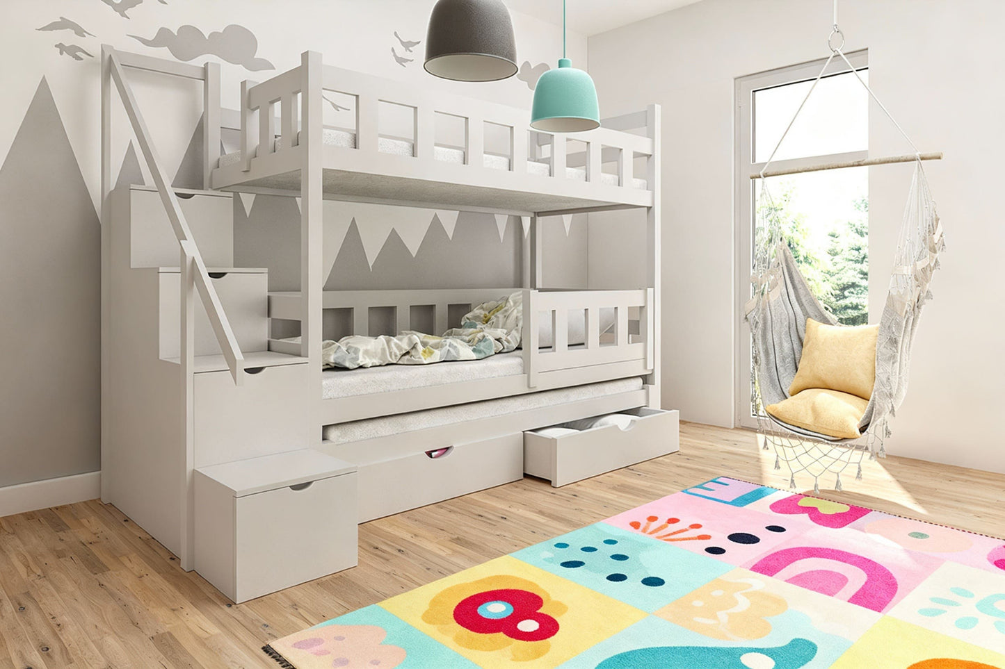 Etagenbett DreamSteps 200x90 von Babyhafen – Massivholz Kinderbett mit Treppe, Schubladen und Schutzgeländer in Weiß