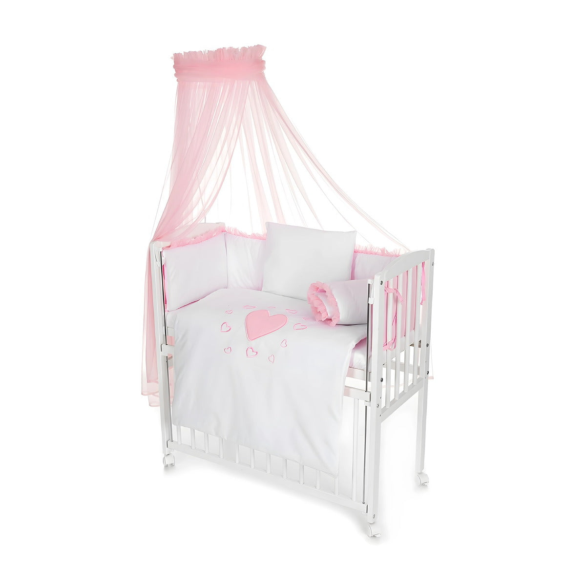 Mobiles Beistellbett 90x40 mit Rollen Komplett Herzen rosa - babyhafen.de