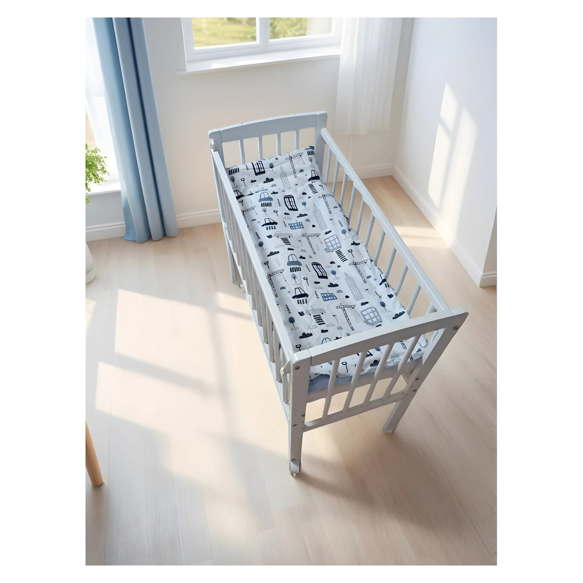 Beistellbett Babybett weiß mit Bagger- und Kran-Motiv