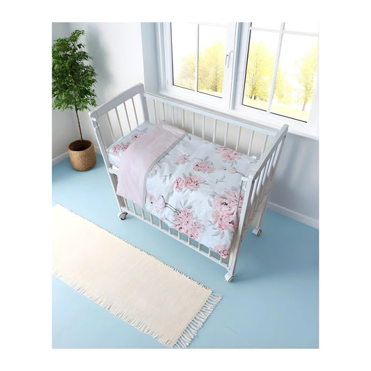 Babyhafen Beistellbett weiß mit floraler Bettwäsche in Rosa und Grau