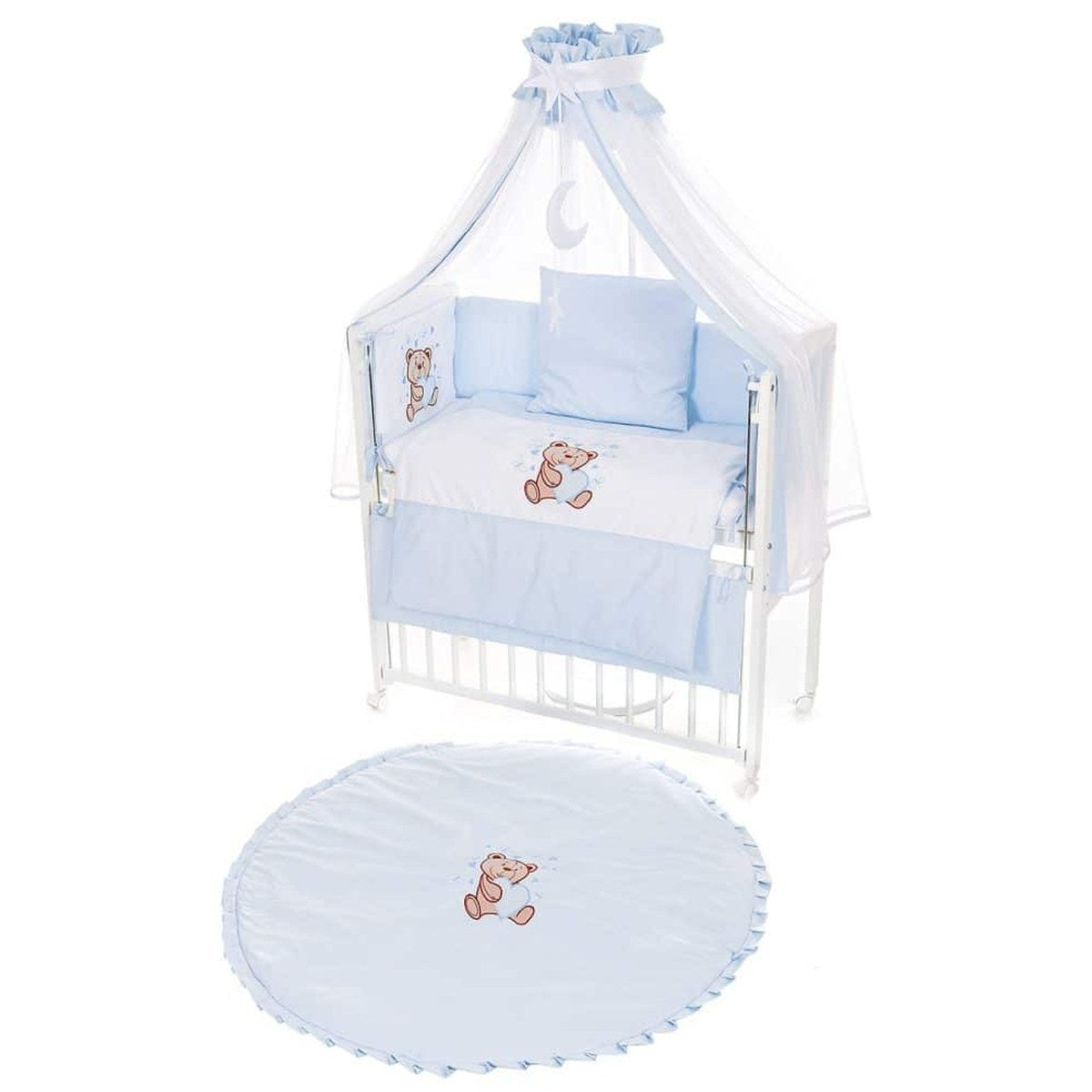 Mobiles Beistellbett mit Rollen Komplett Krabbeldecke Teddy Blau - babyhafen.de