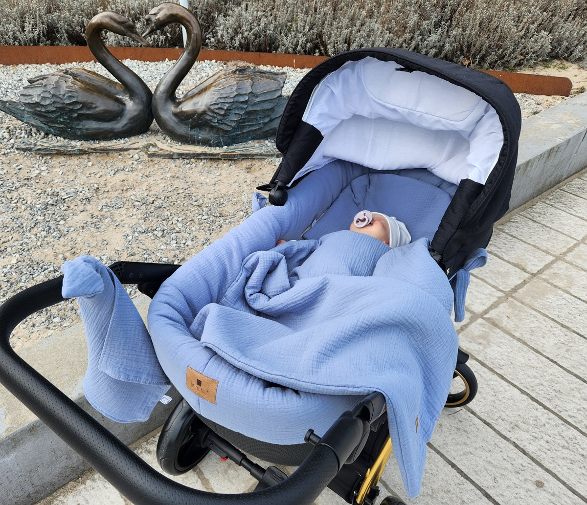 5-teiliges Set für den Kinderwagen aus Muslin-Baumwolle – Blau - babyhafen.de