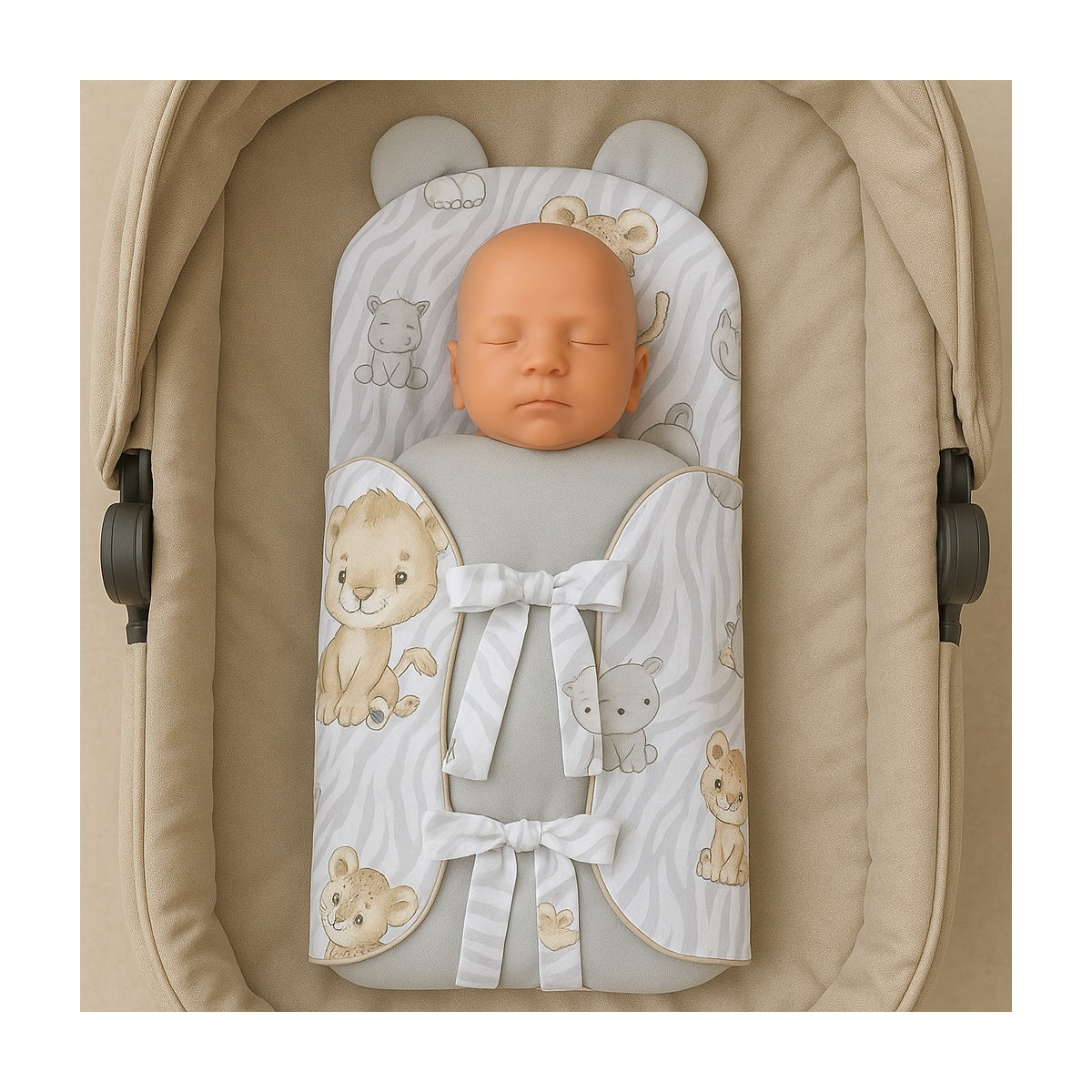 Babyhafen Pucktuch Safari – weiches Steckkissen für Babys mit Tiermotiven in Grau und Beige, aus atmungsaktiver Baumwolle