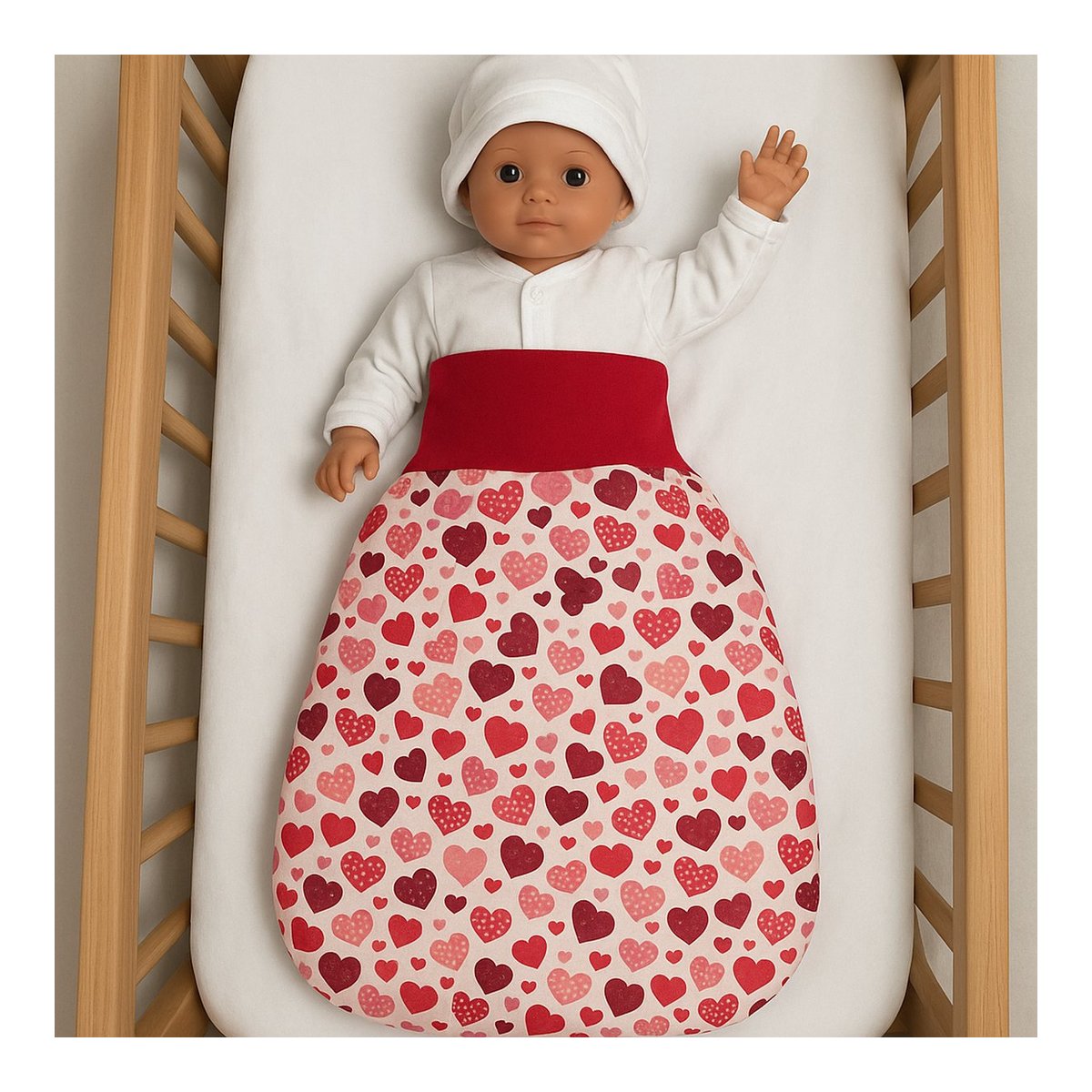 Babyschlafsack 6–12 Monate mit roten Herzen im Babybett