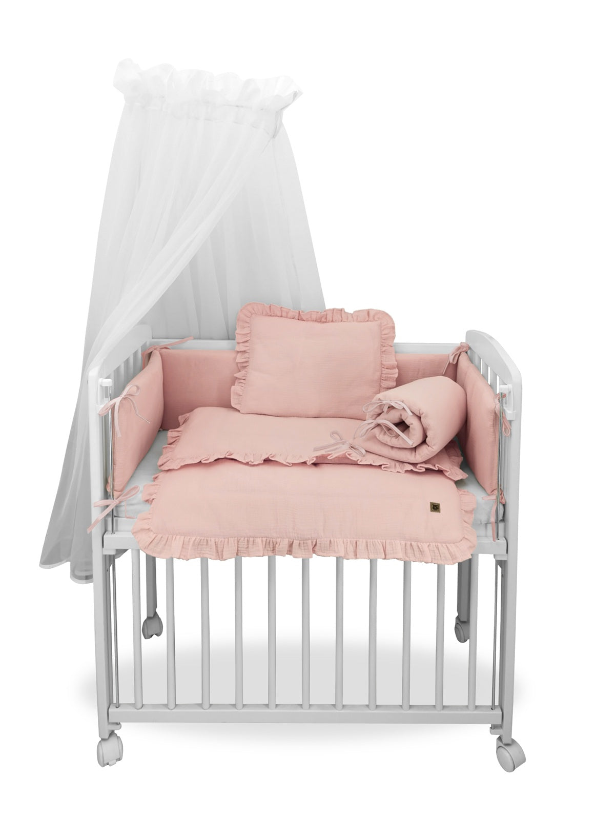 3in1 Beistellbett Weiß mit rosa Musselin – weich & stilvoll - babyhafen.de