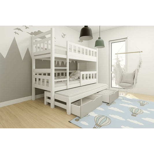 Weiß-graues Etagenbett aus Massivholz mit Ausziehbett und Schubladen, eingerichtet in einem hellen Kinderzimmer mit Hängesessel und Heißluftballon-Teppich