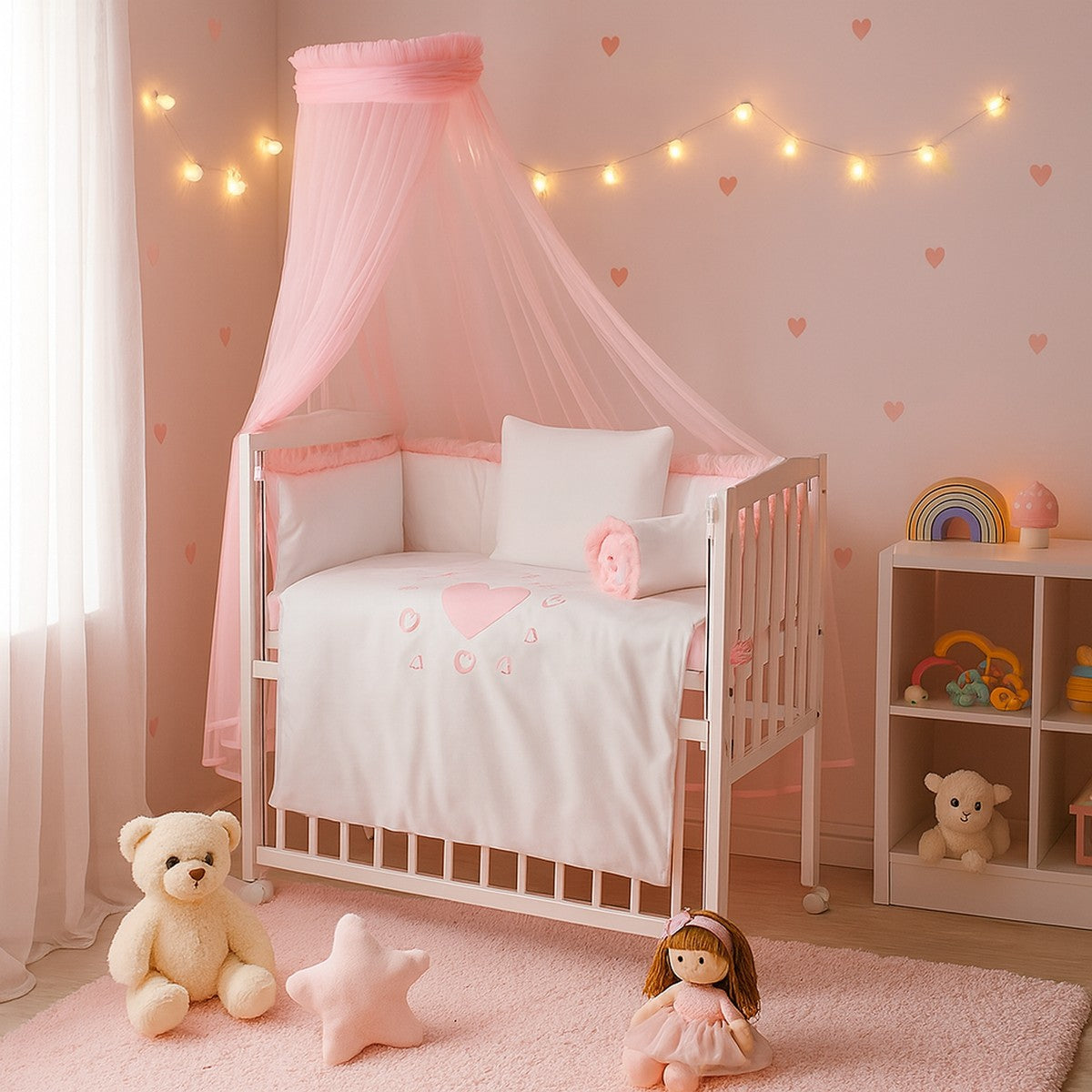 3in1 Beistellbett Rosa Herzdesign – Babyhafen Babybett mit Himmel und Bettwäsche