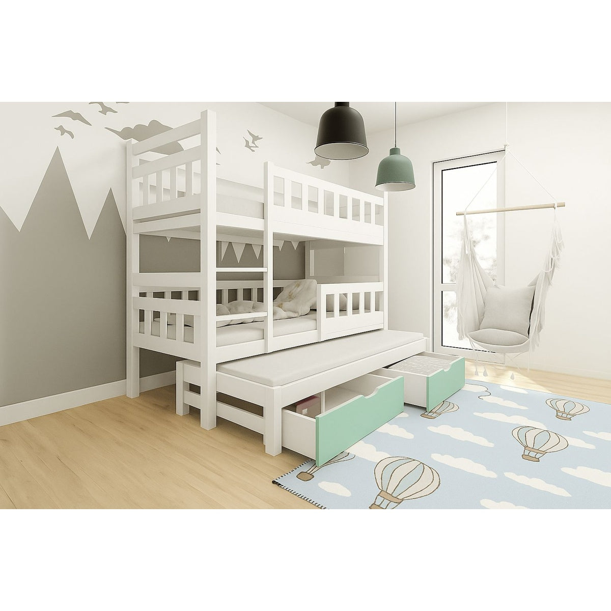 Weißes Etagenbett 3-in-1 für drei Kinder mit Ausziehbett und grünen Schubladen, eingerichtet in einem hellen Kinderzimmer