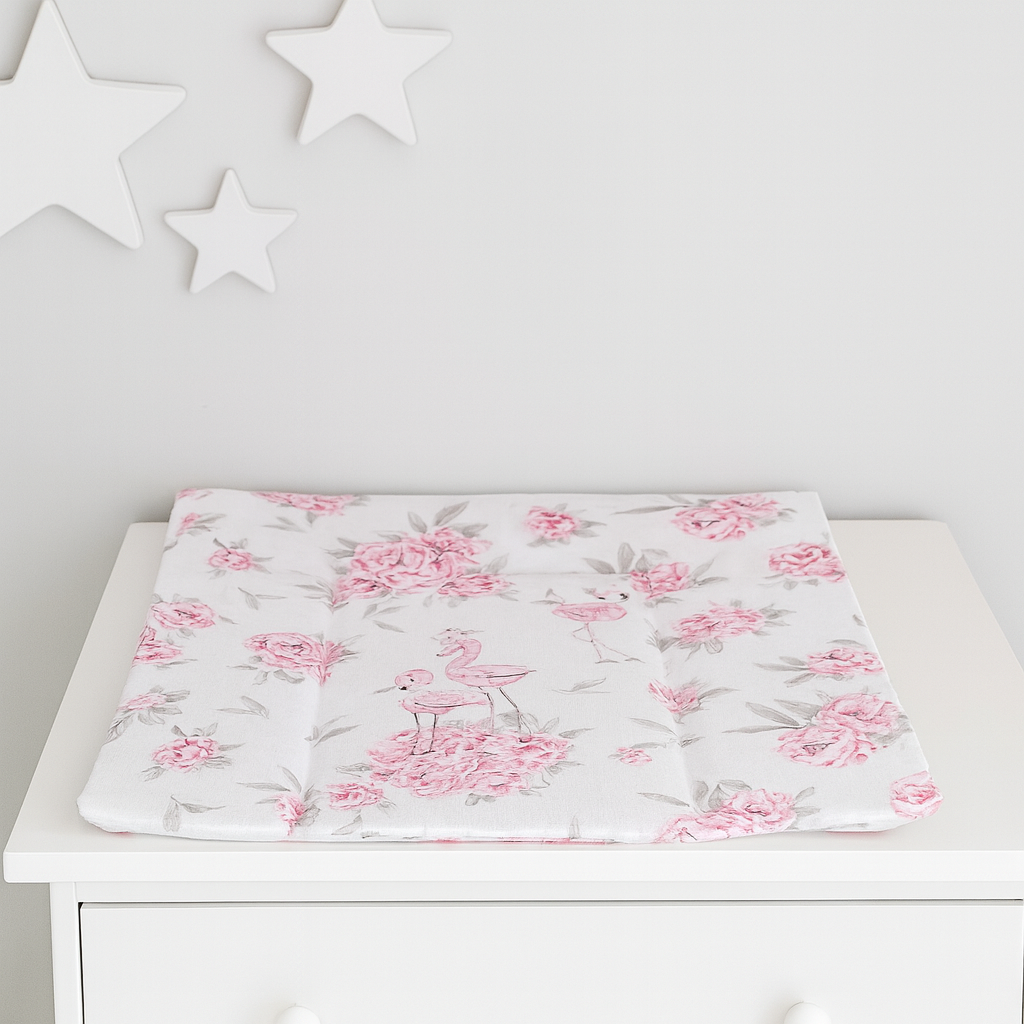 Wickelauflage 75 × 75 cm – Weiche Baumwolle, Päonie-Flamingo Design