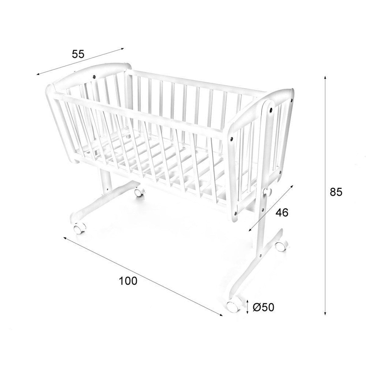 Illustration Abmessungen Babywiege mit Schaukelfunktion