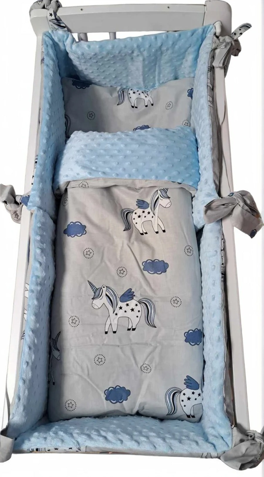 Wiegenset Einhorn, blau Minky (5-teilig) - babyhafen.de