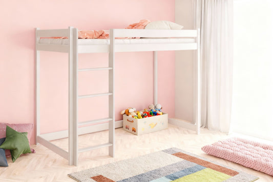 Hochbett aus Massivholz in Weiß für Kinderzimmer – platzsparendes Etagenbett von Babyhafen mit Leiter und Sicherheitsgeländer