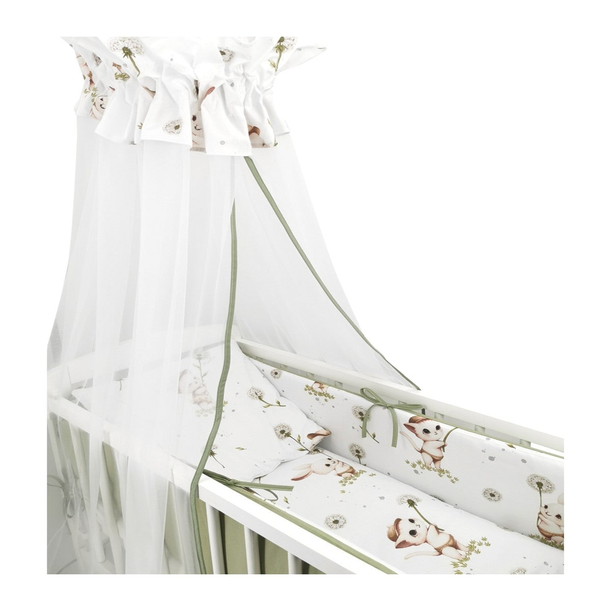 Komplettes Babybett-Set mit Kätzchen und Pusteblumen