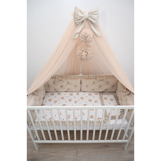 Babybett Komplettset Beige mit Baldachin und Teddybär Bettwäsche