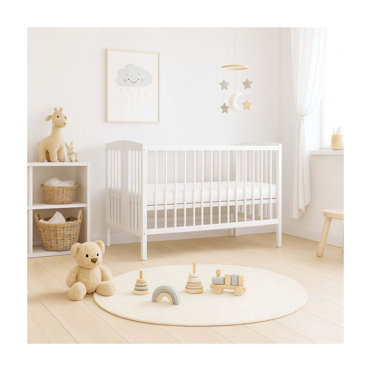 Babybett Sami 60x120 cm Weiß – Kinderbett aus Massivholz im skandinavischen Babyzimmer mit Spielzeug und Deko