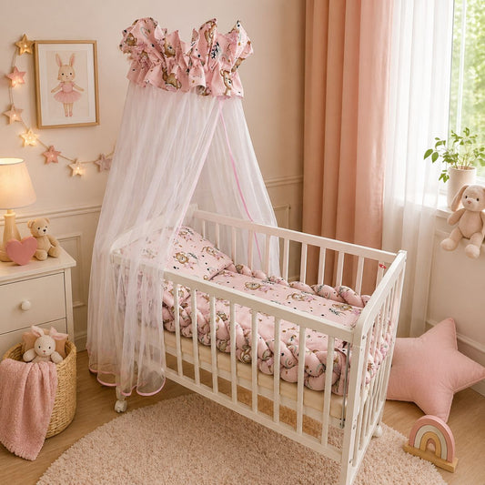 Beistellbett Little Ballerina 90x40 im liebevoll eingerichteten Mädchenzimmer mit rosa Dekoration und Himmelbett