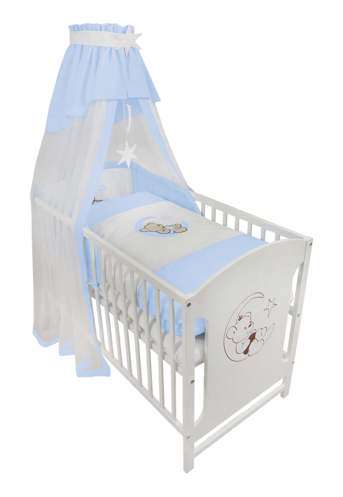 Komplettbett 120 × 60 Babybett Teddy auf dem Mond, blau - babyhafen.de