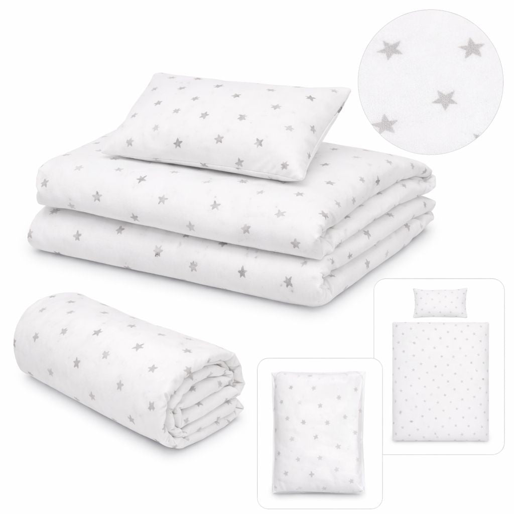 Gefaltetes 2-teiliges Babybettwäsche-Set mit grauem Sternenmuster aus weicher Baumwolle