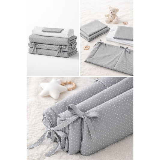 Babybettwäsche Set 4-teilig grau mit Punkten inklusive Nestchen und Tüll-Baldachin