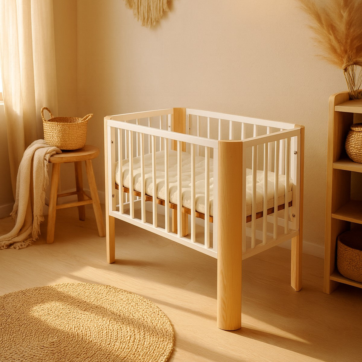 Beistellbett für Babys mit Matratze, weiß-naturfarben