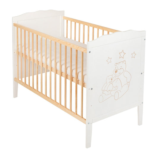Stabiles Babybett aus Holz mit Rausfallschutz und Bärchen Design