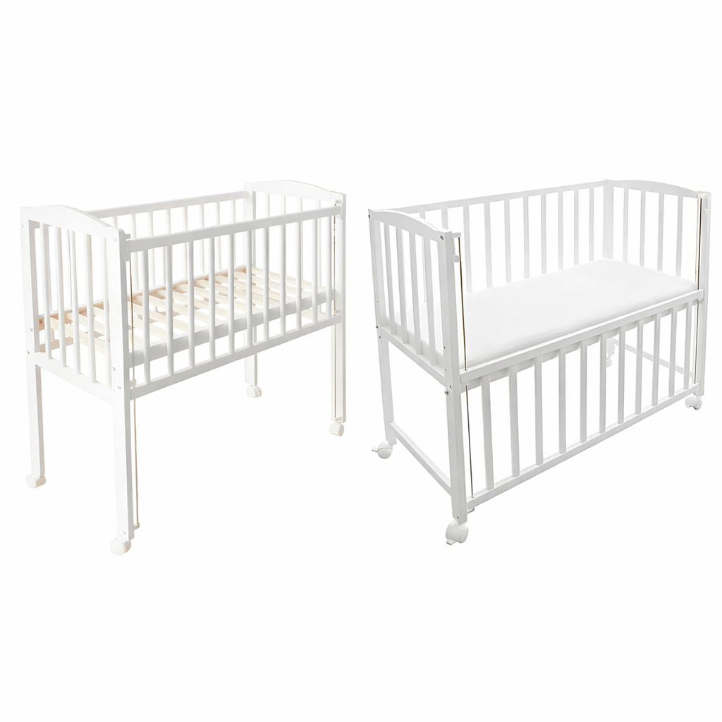 Babyhafen Beistellbett 90x40 Weiß 3in1 – als Beistellbett am Elternbett und freistehendes Babybett mit Rollen