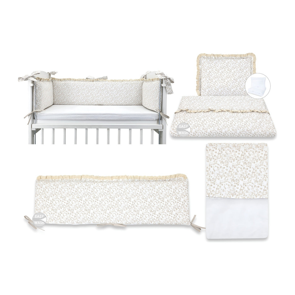 Beistellbett 40×90 Komplettset – Blümchen Beige, Rüschen & Spitze - babyhafen.de
