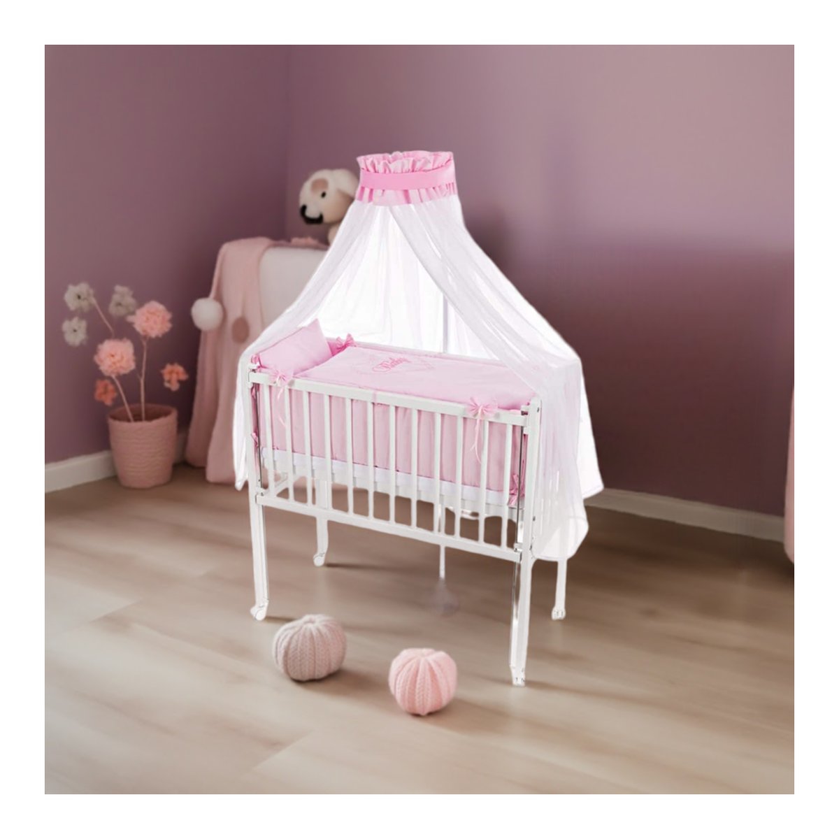 Beistellbett Matratze, Rollen, HERZEN rosa Deko-Schleifen - babyhafen.de