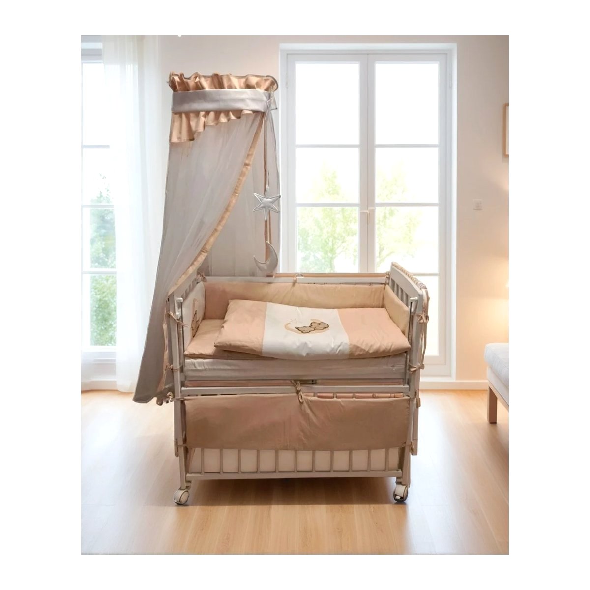 Babyhafen Beistellbett Komplettbett Beige – Bär auf dem Mond - babyhafen.de