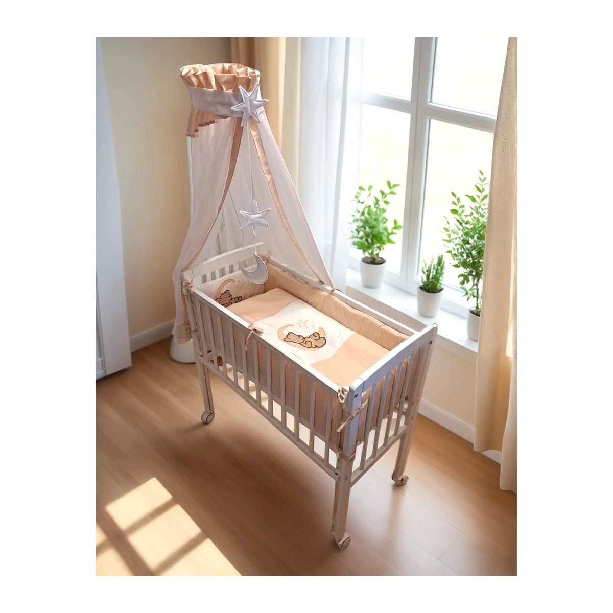 Babyhafen Beistellbett Komplettbett Beige – Bär auf dem Mond - babyhafen.de