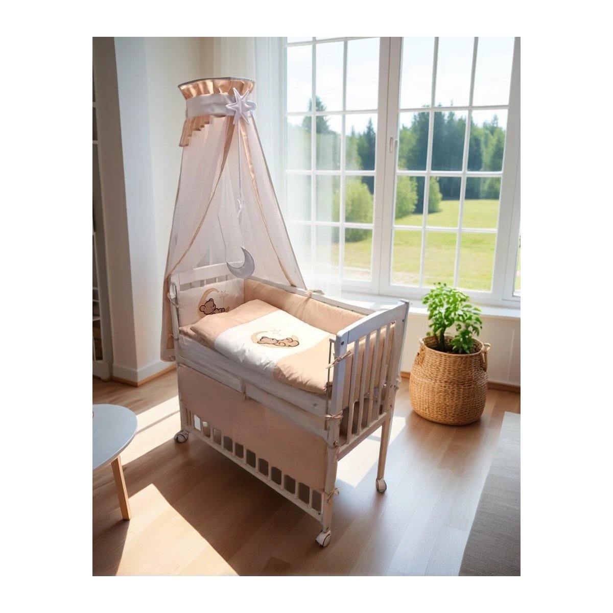 Babyhafen Beistellbett Komplettbett Beige – Bär auf dem Mond - babyhafen.de