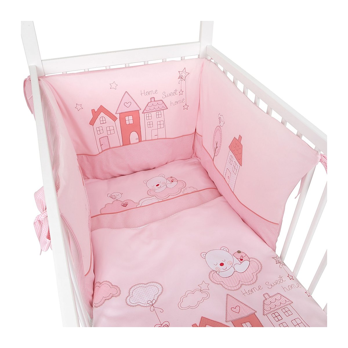 Holzbett für Babys mit rosa Bettwäsche, Nestchen und Matratze komplett