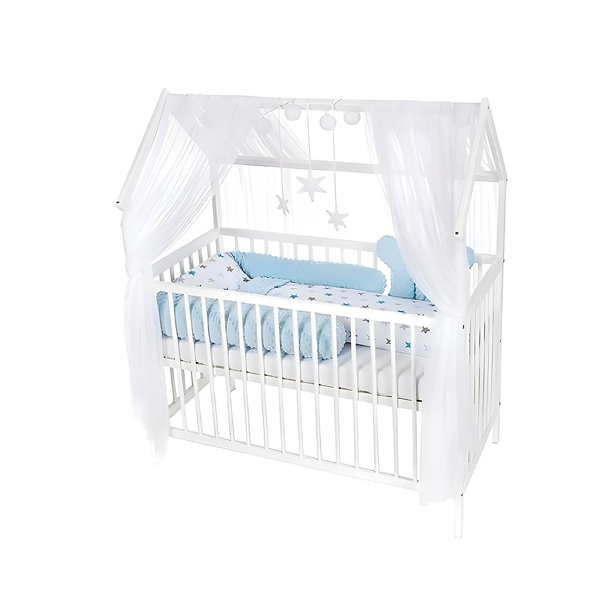 Babybett Haus Kinderbett 120x60 Matratze Bettset Stars BLAU - babyhafen.de