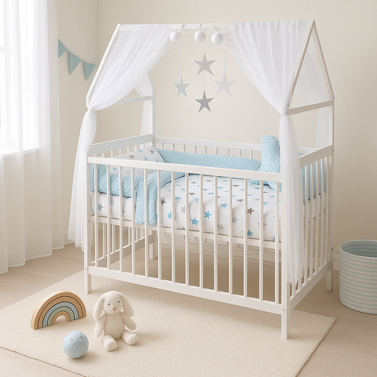 Hausbett Kinderbett 120x60 weiß mit Matratze und Minky Bettset mit Sterne Blau