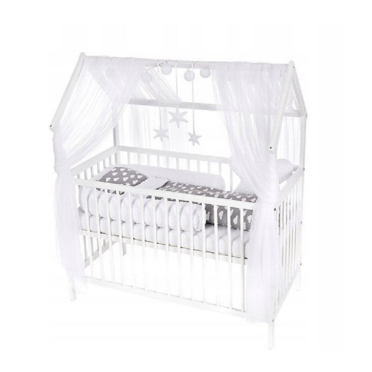 Hausbett 60x120 Weiß mit Komplettset Wolken Grau von Babyhafen