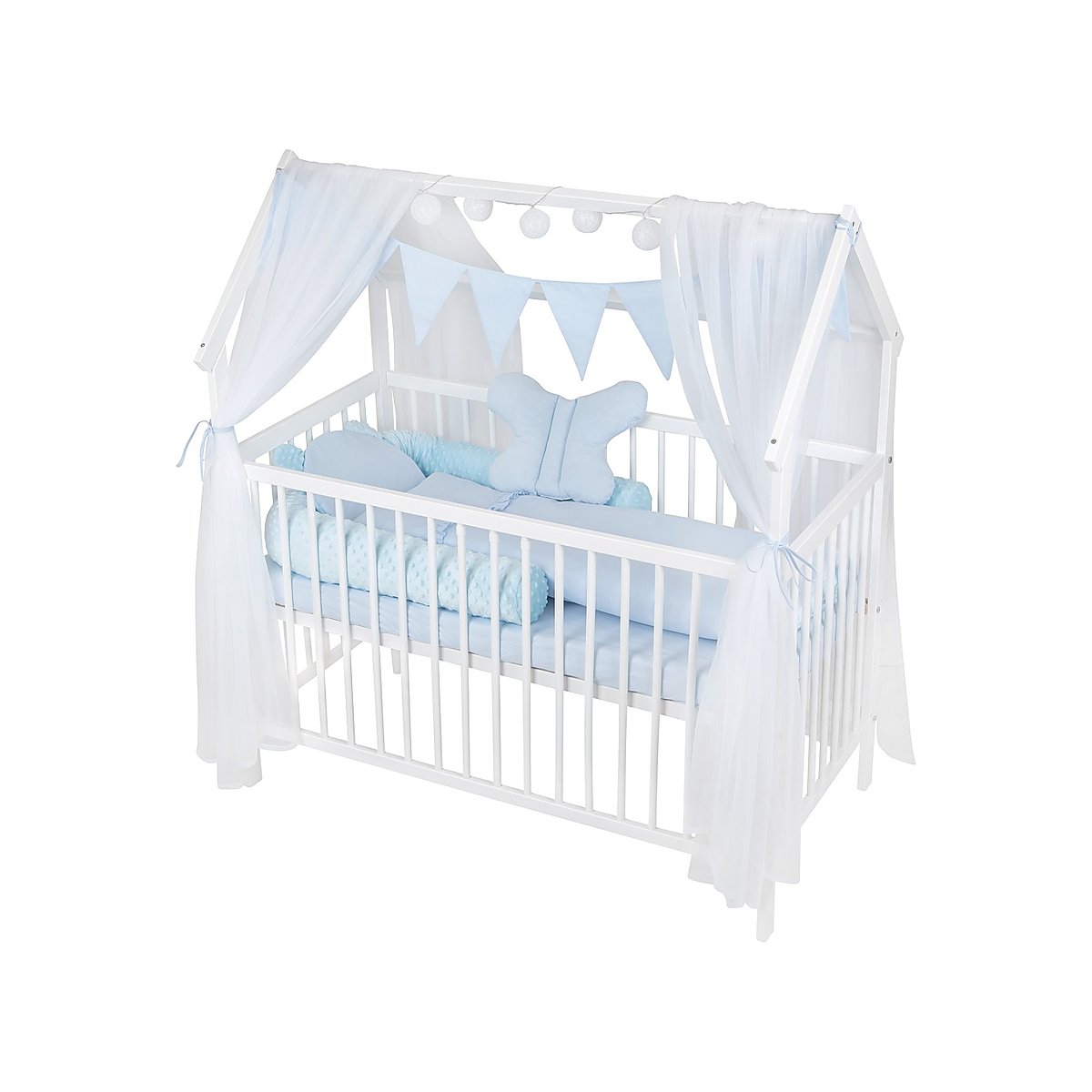 Hausbett 60x120 Weiß mit Himmel und Royal Blau Bettset