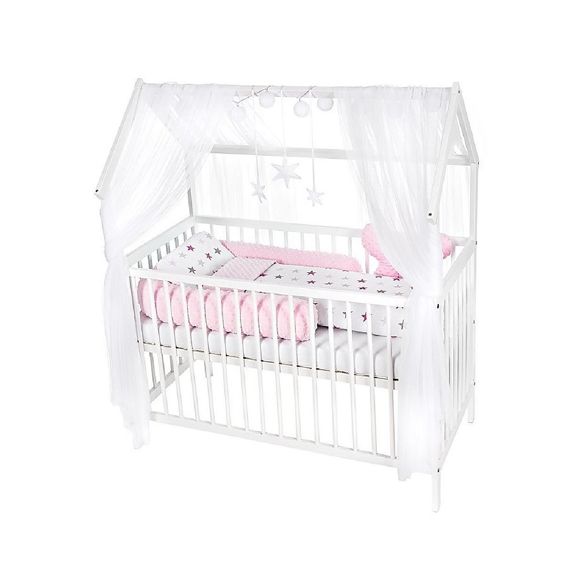 Hausbett Kinderbett 120x60 Matratze Minky Bettset Sterne Rosa - babyhafen.de
