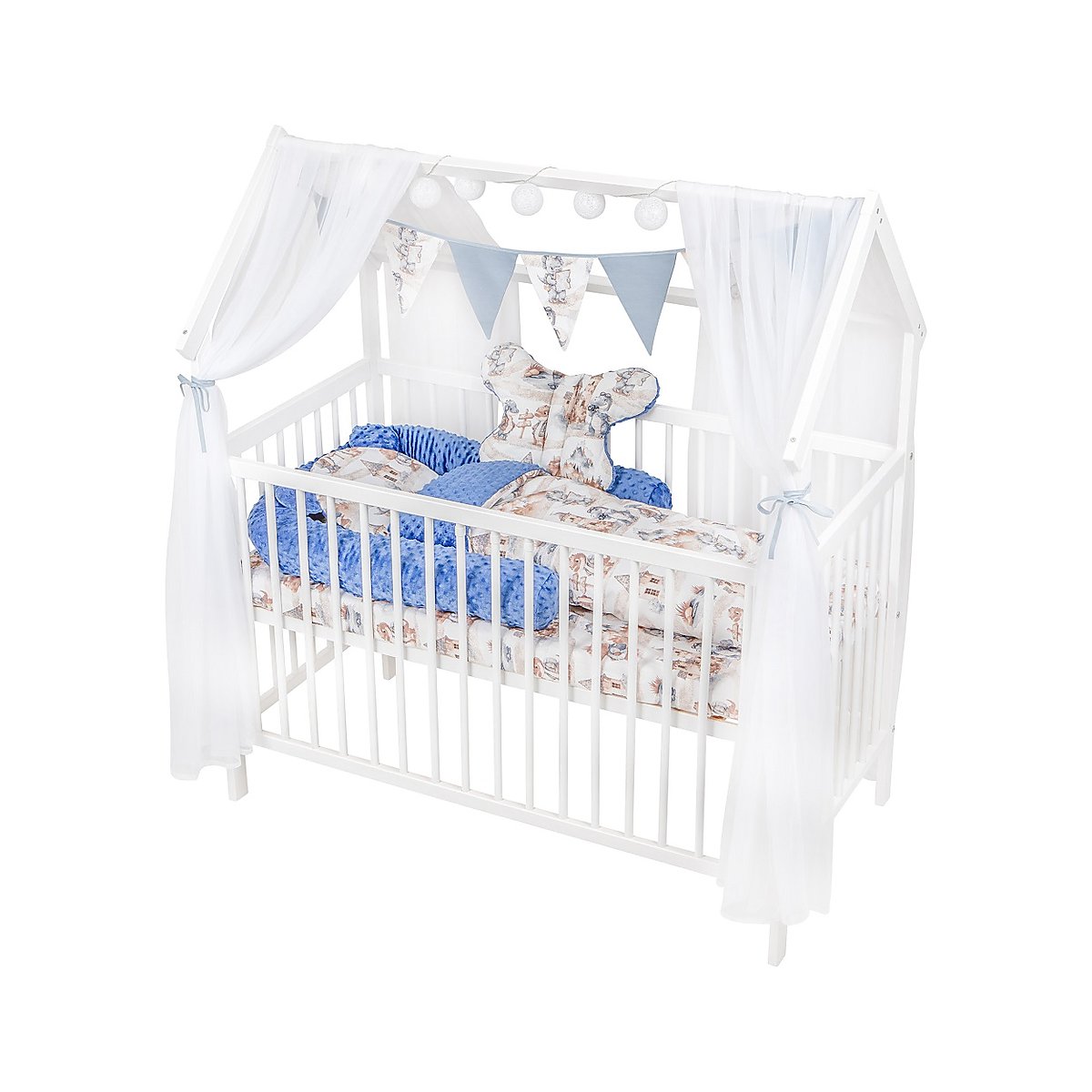 Babybett Hausbett 60x120 weiß mit Bettset Drachen Blau