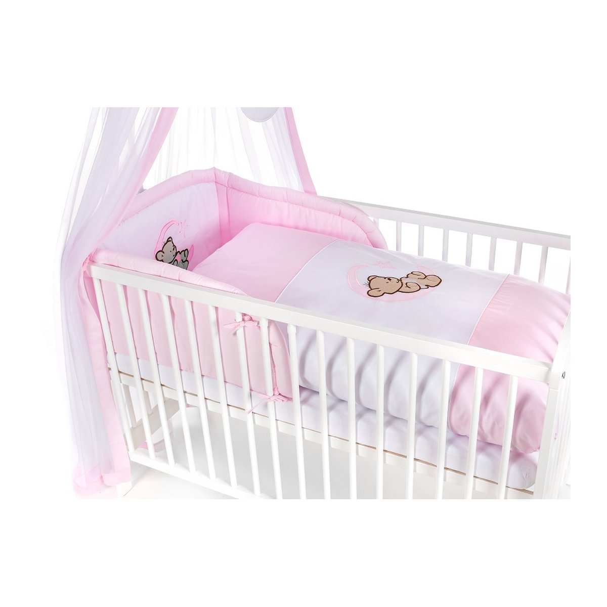 Komplettbett 120 × 60 Babybett Teddy auf dem Mond, rosa - babyhafen.de