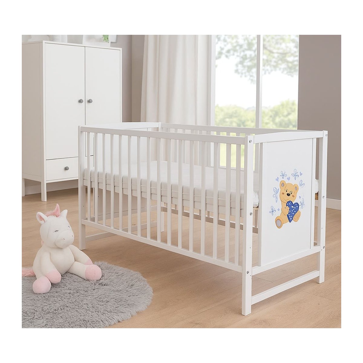 Bebek yatağı oyuncak ayı – kalpler mavi 60 × 120 cm şilteyle birlikte