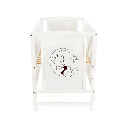 Holz Babybett 60x120 cm in Weiß mit Matratze und dekorativem Motiv