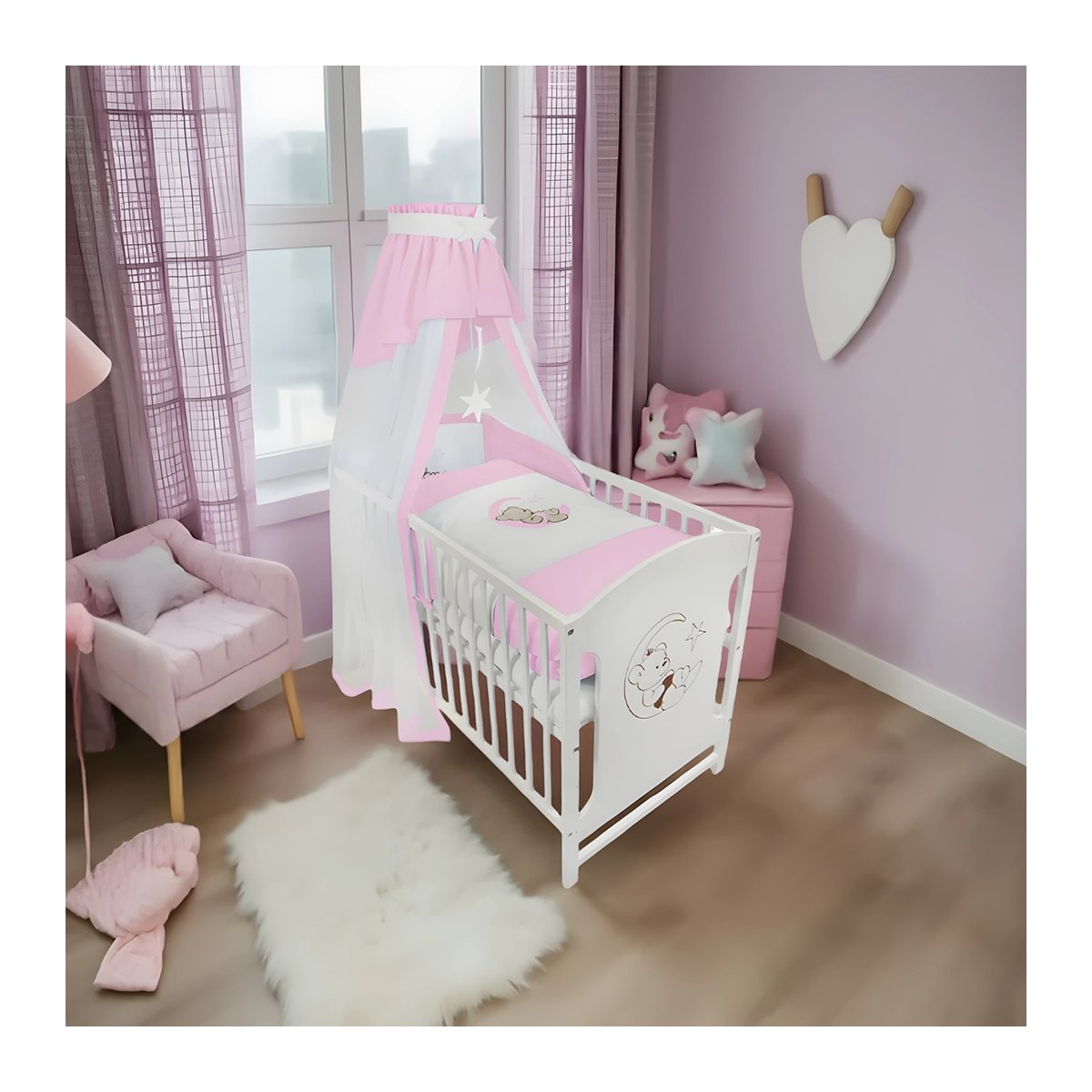 Komplettbett 120 × 60 Babybett Teddy auf dem Mond, rosa - babyhafen.de