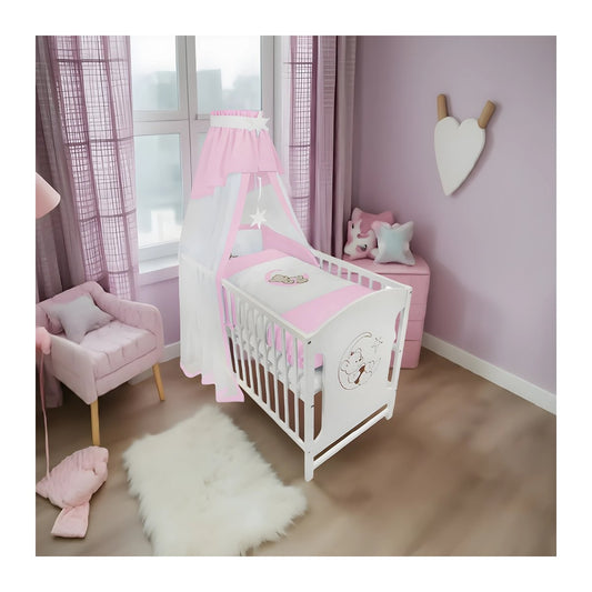 Babyhafen Babybett Komplettbett rosa mit Himmel, Bettwäsche und Bär-Motiv