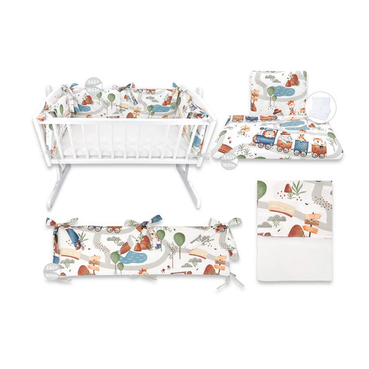 Komplettes Babybettwäsche Set Tiere und Eisenbahn Muster