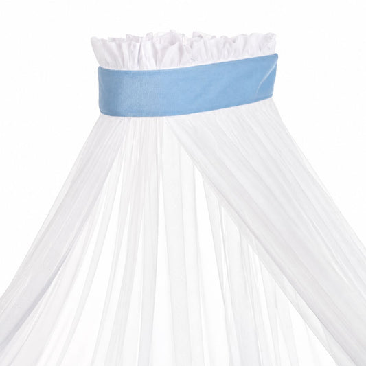 Weißer Baldachin mit blauem Samtband für Beistellbett und Babybett