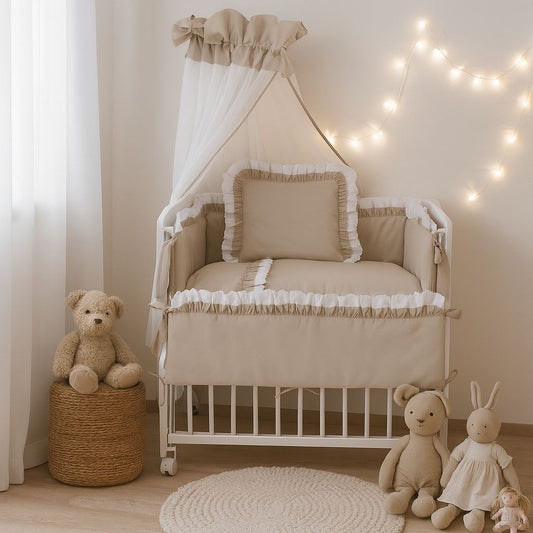Beistellbett Baby Komplettset in Beige im Babyzimmer mit Himmel