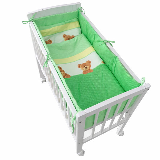 Mobiles Beistellbett Baby 90×40 cm aus massivem Kiefernholz mit Matratze und grünem Bettwäsche-Set